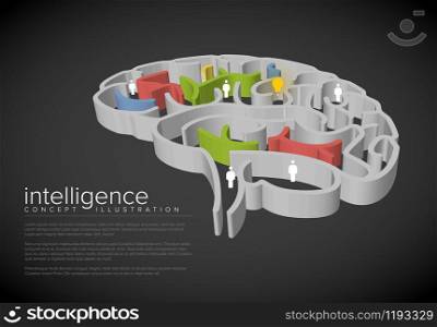 Intelligence conceptual illustration with brain as a labyrinth, idea and people - dark version. Intelligence conceptual illustration