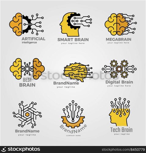 Intelligence logo. Brain and smart technologies symbols structural artificial digits dots computer network vsualization recent vector business identity. Illustration of brain and smart innovation. Intelligence logo. Brain and smart technologies symbols structural artificial digits dots computer network vsualization recent vector business identity