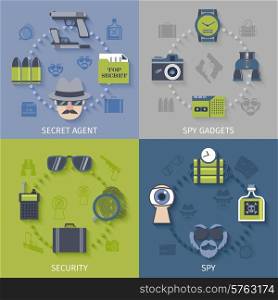 Intelligence secret agent security gadgets 4 flat icons composition with spy sunglasses camera abstract isolated vector illustration