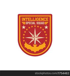 Intelligence special squad navy marine maritime forces isolated patch on military officer uniform. Vector insignia of armed forces of naval and amphibious warfare, ocean-borne combat, windrose. Maritime forces patch on uniform with windrose