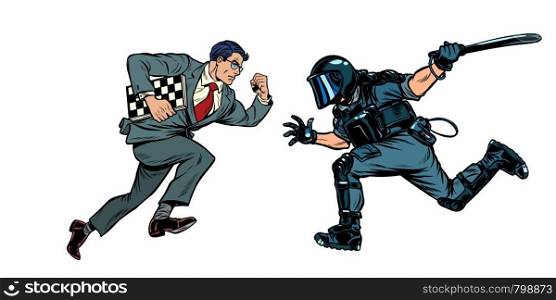 intelligence versus strength. chess player and riot police with a baton. Pop art retro vector illustration drawing. intelligence versus strength. chess player and riot police with a baton