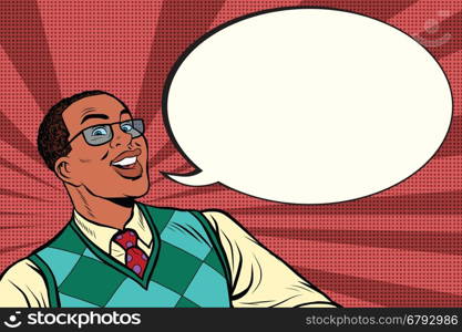 Intelligent African with glasses says comic bubble, pop art retro comic book vector illustration