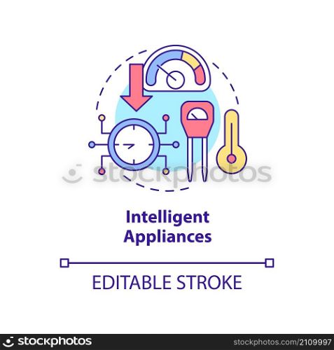 Intelligent appliances concept icon. Smart grid components abstract idea thin line illustration. Isolated outline drawing. Editable stroke. Roboto-Medium, Myriad Pro-Bold fonts used. Intelligent appliances concept icon