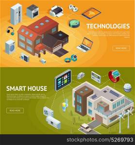 Intelligent House Isometric Banners. Set of horizontal isometric house banners with modern connected home technologies and internet of things conceptual compositions vector illustration