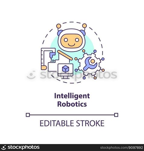 Intelligent robotics concept icon. Industry automatization. Governmental IT funding abstract idea thin line illustration. Isolated outline drawing. Editable stroke. Arial, Myriad Pro-Bold fonts used. Intelligent robotics concept icon