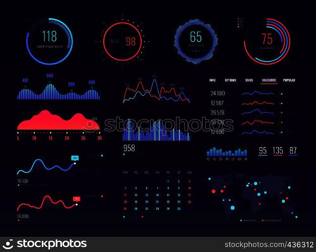 Intelligent technology hud vector interface. Network management data screen with charts and diagrams. Interface screen with colored infographic digital illustration. Intelligent technology hud vector interface. Network management data screen with charts and diagrams