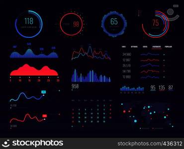 Intelligent technology hud vector interface. Network management data screen with charts and diagrams. Interface screen with colored infographic digital illustration. Intelligent technology hud vector interface. Network management data screen with charts and diagrams