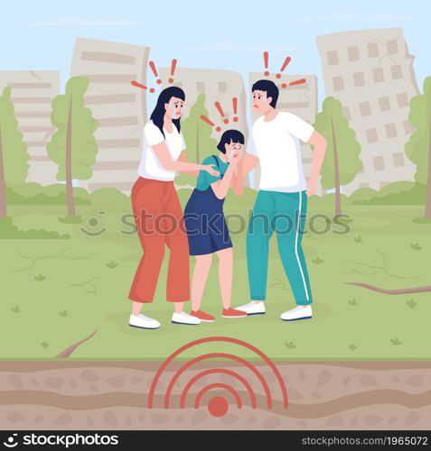 Intense ground shaking from earthquake flat color vector illustration. Emotional distress. Couple with kid becoming frightened of quake 2D cartoon characters with collapsing buildings on background. Intense ground shaking from earthquake flat color vector illustration