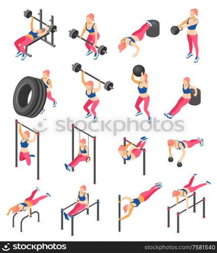 Intensive functional fitness training isometric icons set with back squat weight lifting bar exercises isolated vector illustration