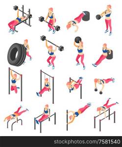Intensive functional fitness training isometric icons set with back squat weight lifting bar exercises isolated vector illustration