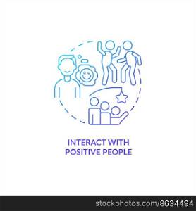 Interact with positive people blue gradient concept icon. Communication. Overcoming lack of confidence abstract idea thin line illustration. Isolated outline drawing. Myriad Pro-Bold font used. Interact with positive people blue gradient concept icon