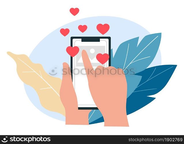 Interaction and communication in social networks and media. Mobile phone in hands, screen with page and likes, website for chatting. Tapping smartphone, decorative leaves. Vector in flat style. Communication and interaction in social network