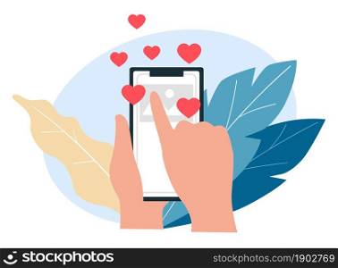 Interaction and communication in social networks and media. Mobile phone in hands, screen with page and likes, website for chatting. Tapping smartphone, decorative leaves. Vector in flat style. Communication and interaction in social network