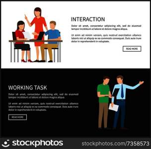 Interaction and working task with text s&le, boss giving information to employee, woman running meeting of workers, websites vector illustration. Interaction and Working Task Vector Illustration