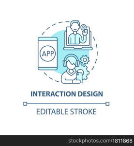 Interaction design concept icon. UX design abstract idea thin line illustration. Customer interacting with specific product elements. Vector isolated outline color drawing. Editable stroke. Interaction design concept icon