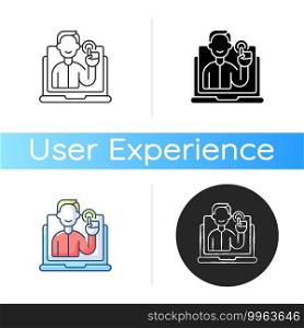 Interaction design icon. User experience, responsive site. Online technology. Client accessibility to service. Website design. Linear black and RGB color styles. Isolated vector illustrations. Interaction design icon