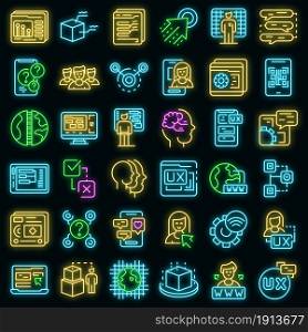 Interaction icons set. Outline set of interaction vector icons neon color on black. Interaction icons set vector neon