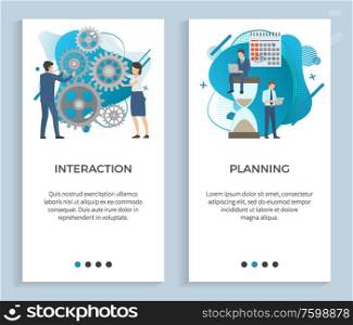 Interaction vector, people with cogwheels planning business projects thinking on details, teamwork deadlines stated for businessman with calendar. Website or app slider, landing page flat style. Interaction and Planning, Business Projects Set