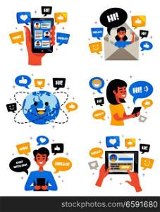Interactive chat communication worldwide with electronic mobile devices 6 flat compositions with smartphone tablet isolated vector illustration . Chat Communication Compositions Icons Set