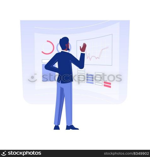 Interactive digital wall isolated concept vector illustration. Brick and mortar bank worker using modern digital wall, innovation technology in office, multimedia data vector concept.. Interactive digital wall isolated concept vector illustration.