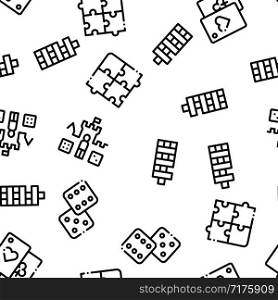 Interactive Kids Games Seamless Pattern Vector. Domino, Chess And Video Games Controller. Cards And Billiard, And Darts Illustrations. Interactive Kids Games Seamless Pattern Vector