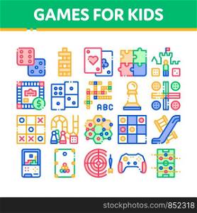 Interactive Kids Games Vector Thin Line Icons Set. Domino, Chess And Video Games Controller Linear Pictograms. Cards And Jenga, Tetris And Billiard, Monopoly And Darts Color Contour Illustrations. Interactive Kids Games Vector Thin Line Icons Set