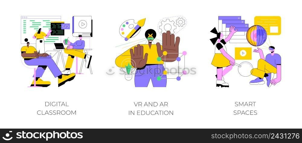 Interactive learning abstract concept vector illustration set. Digital classroom, VR and AR in education, smart spaces, blended learning, virtual reality, technology in education abstract metaphor.. Interactive learning abstract concept vector illustrations.