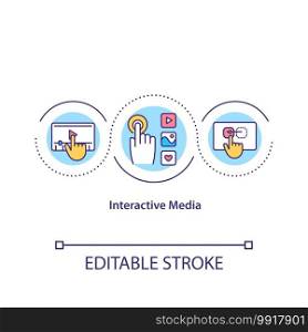Interactive media concept icon. Innovative technology. Touch screen. Social network optimization. Journalism idea thin line illustration. Vector isolated outline RGB color drawing. Editable stroke. Interactive media concept icon