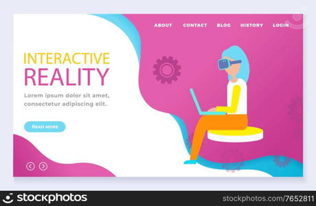 Interactive or augmented reality, modern entertainment. Woman sit and play virtual games using vr glasses. Designed web page with navigation menu. Vector illustration of website in flat style. Interactive or Virtual Reality, Life Simulator