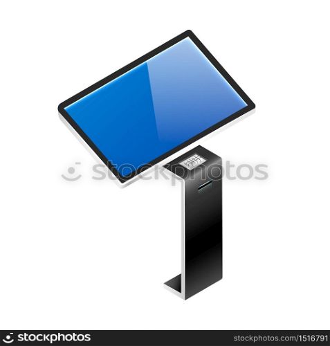 Interactive product promotion panel isometric vector illustration. Digital board with touch screen display flat color object. Self service kiosk with sensor isolated on white background