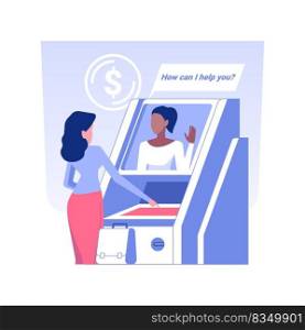 Interactive teller machine isolated concept vector illustration. Businessman using terminal with remote teller 24 for 7, ATM in brick and mortar bank, video banking technology vector concept.. Interactive teller machine isolated concept vector illustration.