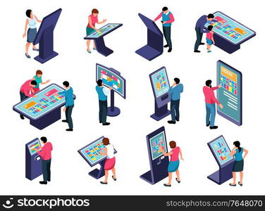 Interactive touch screen information panel users isometric icons set isolated on white background 3d vector illustration