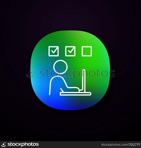Interactive training app icon. Task solving. Online test. Freelance job. Person working with laptop. UI/UX user interface. Web or mobile application. Vector isolated illustration. Interactive training app icon