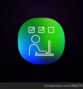 Interactive training app icon. Task solving. Online test. Freelance job. Person working with laptop. UI/UX user interface. Web or mobile application. Vector isolated illustration. Interactive training app icon