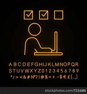 Interactive training neon light icon. Task solving. Online test. Freelance job. Person working with laptop. Glowing sign with alphabet, numbers and symbols. Vector isolated illustration. Interactive training neon light icon