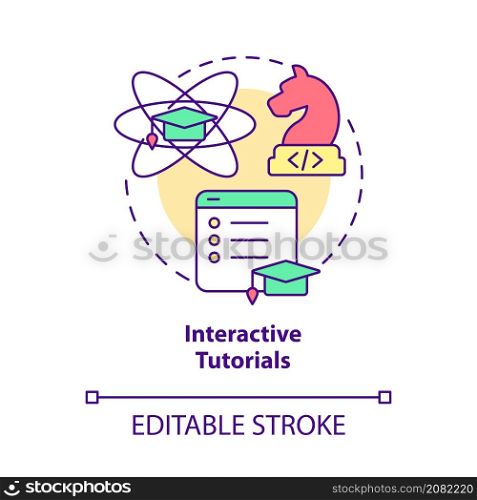Interactive tutorials concept icon. Online course for education. Coding abstract idea thin line illustration. Isolated outline drawing. Editable stroke. Roboto-Medium, Myriad Pro-Bold fonts used. Interactive tutorials concept icon