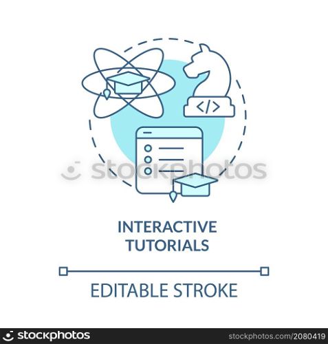 Interactive tutorials turquoise concept icon. Online class. Coding abstract idea thin line illustration. Isolated outline drawing. Editable stroke. Roboto-Medium, Myriad Pro-Bold fonts used. Interactive tutorials turquoise concept icon