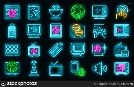Interactive tv icons set. Outline set of interactive tv vector icons neon color on black. Interactive tv icons set vector neon
