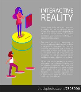 Interactive virtual reality cartoon vector banner. Girls in special digital glasses playing video games in front of screen and walking up the stairs. Interactive Virtual Reality Cartoon Vector Banner