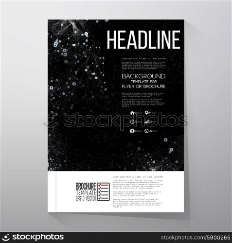 Interconnection network, molecular structure on black background. Brochure, flyer or report for business, template vector.