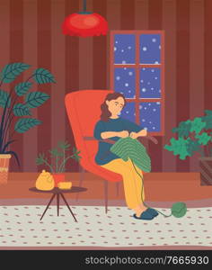 Interest of woman sitting in armchair at home vector, lady knitting with needles and threads. Interior with plants and table, hobby of character in winter. Knitting Woman, Leisure of Lady in Winter Vector