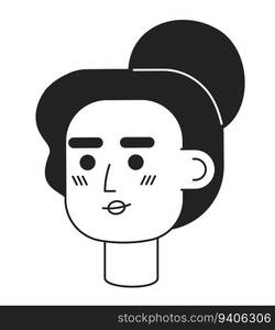 Interested woman monochrome flat linear character head. Editable outline hand drawn human face icon. Female entrepreneur with bun hairstyle. 2D cartoon spot vector avatar illustration for animation. Interested woman monochrome flat linear character head