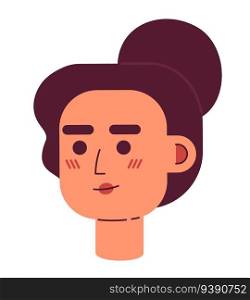 Interested young woman semi flat vector character head. Editable cartoon avatar icon. Female entrepreneur with bun hairstyle. Face emotion. Colorful spot illustration for web graphic design, animation. Interested young woman semi flat vector character head