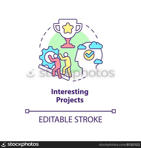 Interesting projects concept icon. Engagement and teamwork. Learning environment abstract idea thin line illustration. Isolated outline drawing. Editable stroke. Arial, Myriad Pro-Bold fonts used. Interesting projects concept icon