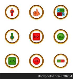 Interface button icons set. Cartoon style set of 9 interface button vector icons for web design. Interface button icons set, cartoon style