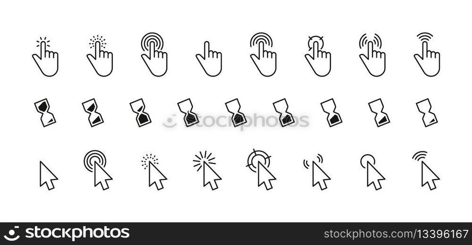 Interface cursor icon. Computer mouse click arrow or finger pointer loading sign, simple internet connection web buttons. Vector linear set. Hourglass animation for waiting, touching screen. Interface cursor icon. Computer mouse click arrow or finger pointer loading sign, simple internet connection web buttons. Vector linear set