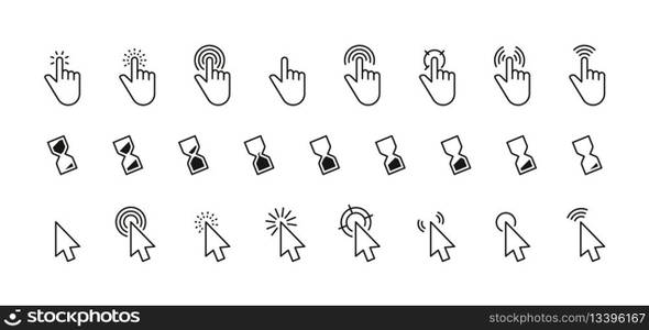 Interface cursor icon. Computer mouse click arrow or finger pointer loading sign, simple internet connection web buttons. Vector linear set. Hourglass animation for waiting, touching screen. Interface cursor icon. Computer mouse click arrow or finger pointer loading sign, simple internet connection web buttons. Vector linear set