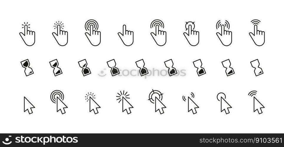 Interface cursor icon. Computer mouse click arrow or finger pointer loading sign, simple internet connection web buttons. Vector linear set. Hourglass animation for waiting, touching screen. Interface cursor icon. Computer mouse click arrow or finger pointer loading sign, simple internet connection web buttons. Vector linear set