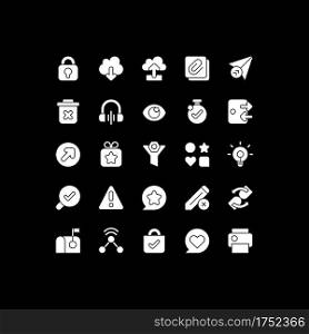 Interface elements white glyph icons set for dark mode. Download data, upload to cloud. Smartphone menu. Silhouette symbols on black background. Vector isolated illustration bundle. Interface elements white glyph icons set for dark mode