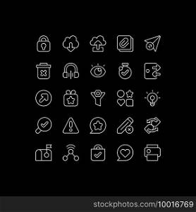 Interface elements white linear icons set for dark theme. Download data, upload to cloud. Night mode customizable thin line symbols. Isolated vector outline illustrations. Editable stroke. Interface elements white linear icons set for dark theme
